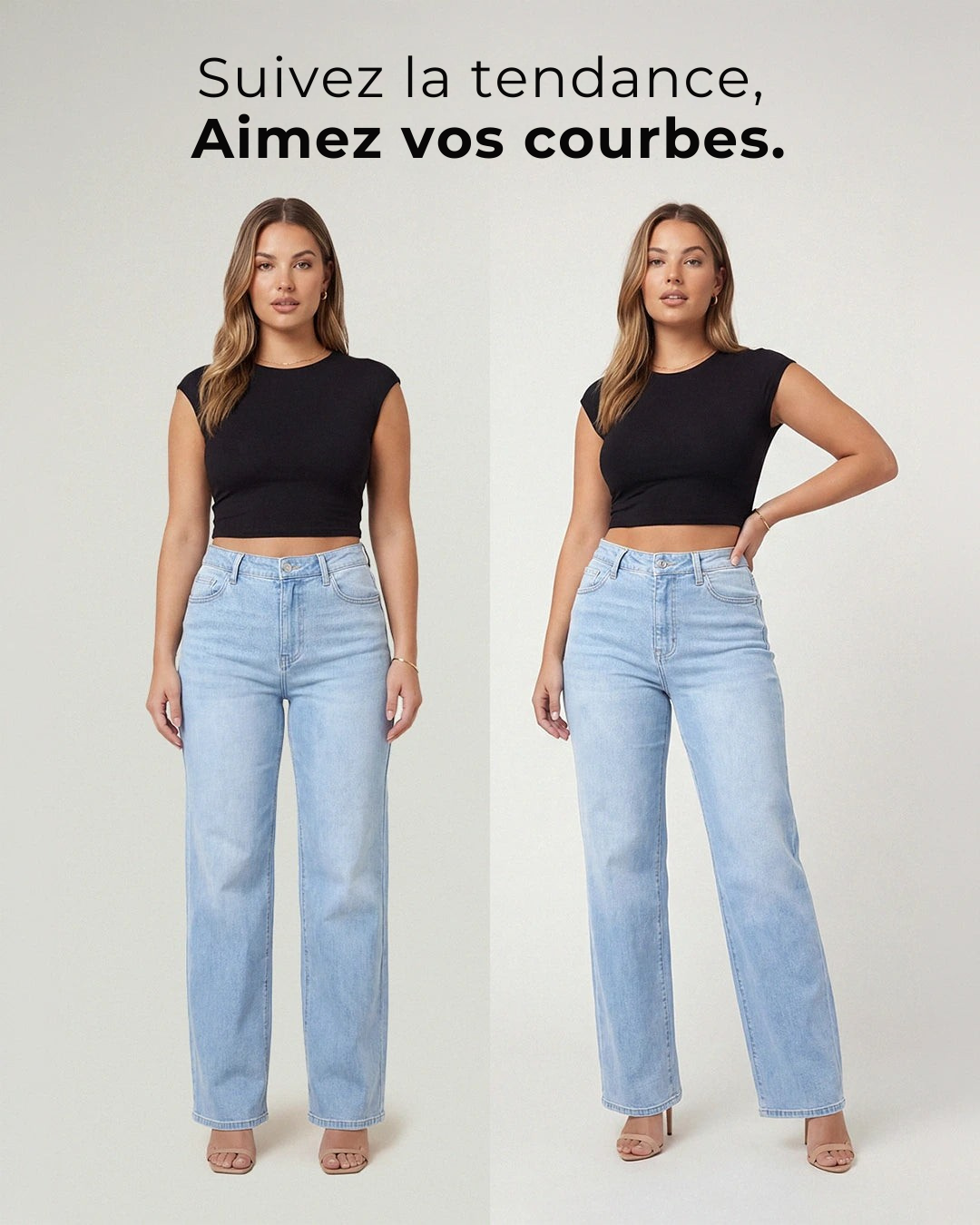 Deux femmes en jean large bleu clair Solina et crop top noir