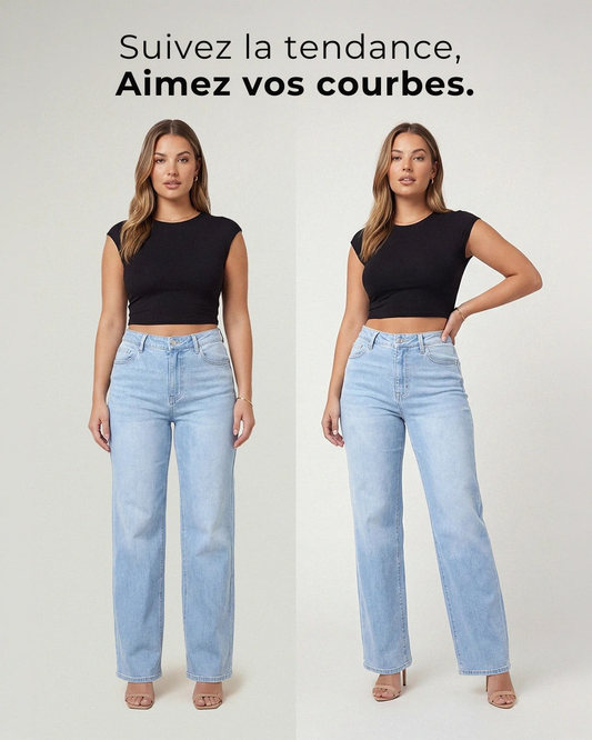 Deux femmes en jean large bleu clair Solina et crop top noir