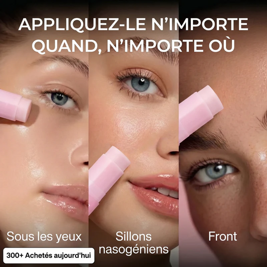 Application du baume collagène PDRN sous les yeux, sur les sillons et sur le front