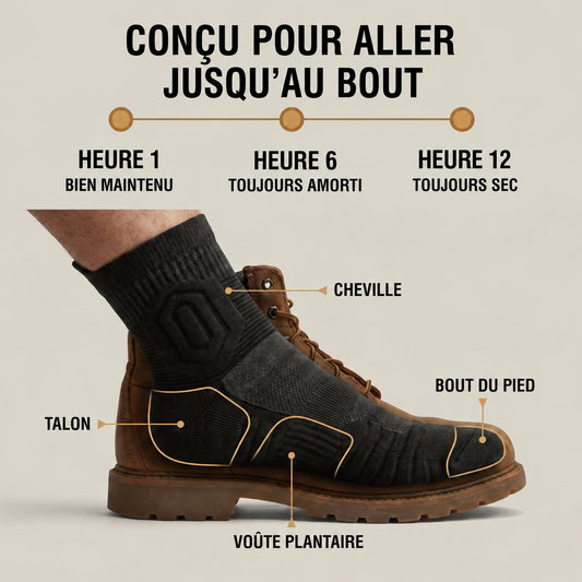 Chaussette de travail Solina dans une botte, zones de coussinage au talon et à l'avant-pied