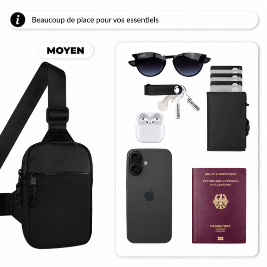 Sling bag Solina et ses essentiels : téléphone, clés, portefeuille, écouteurs, passeport