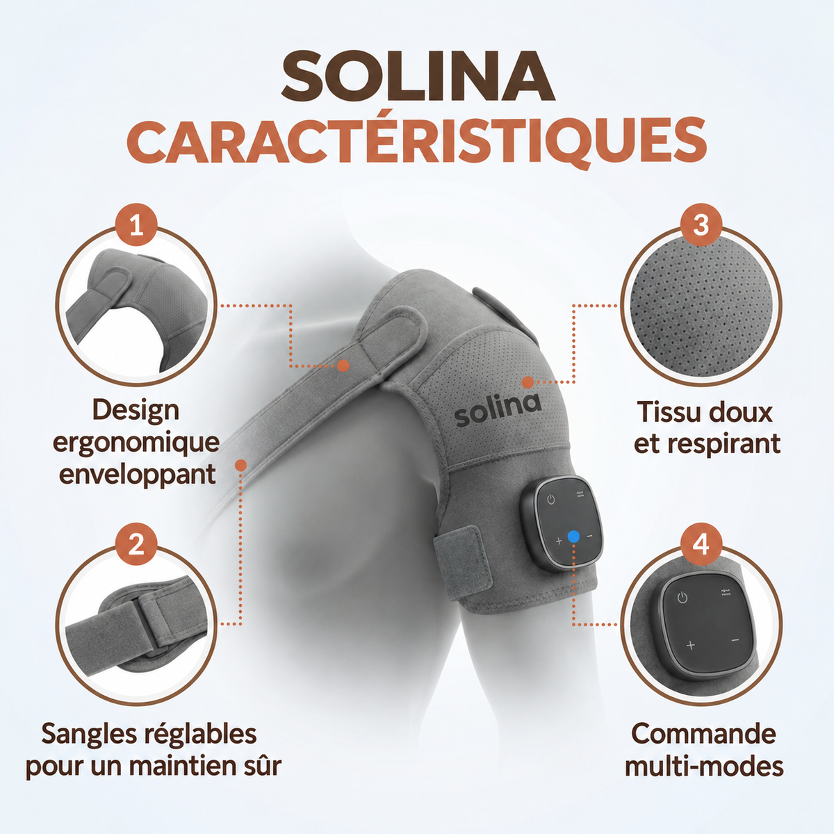 Caractéristiques de la bande chauffante et massante Solina : design enveloppant, sangles réglables, tissu respirant, commande multi-modes