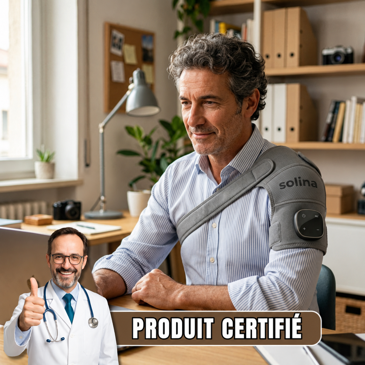 Homme portant la bande chauffante et massante Solina au bureau, avec un médecin et la mention produit certifié