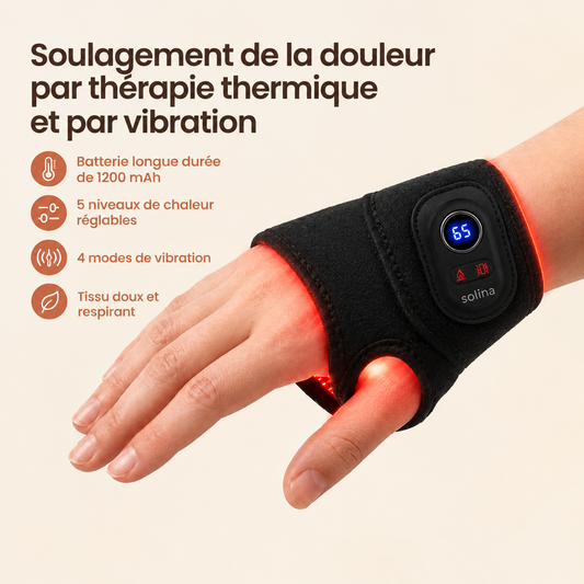 Bracelet lumière rouge Solina sans fil porté au poignet, écran digital et chaleur