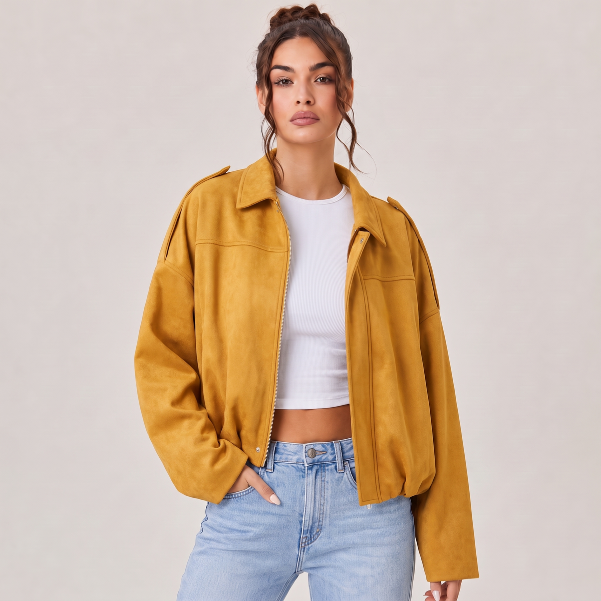 Veste bomber en daim oversize Solina couleur gingembre portée avec jean