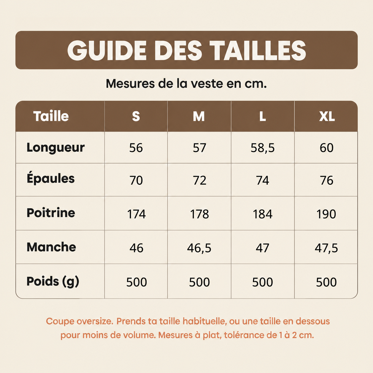 Guide des tailles de la veste bomber en daim Solina, mesures en cm de S à XL