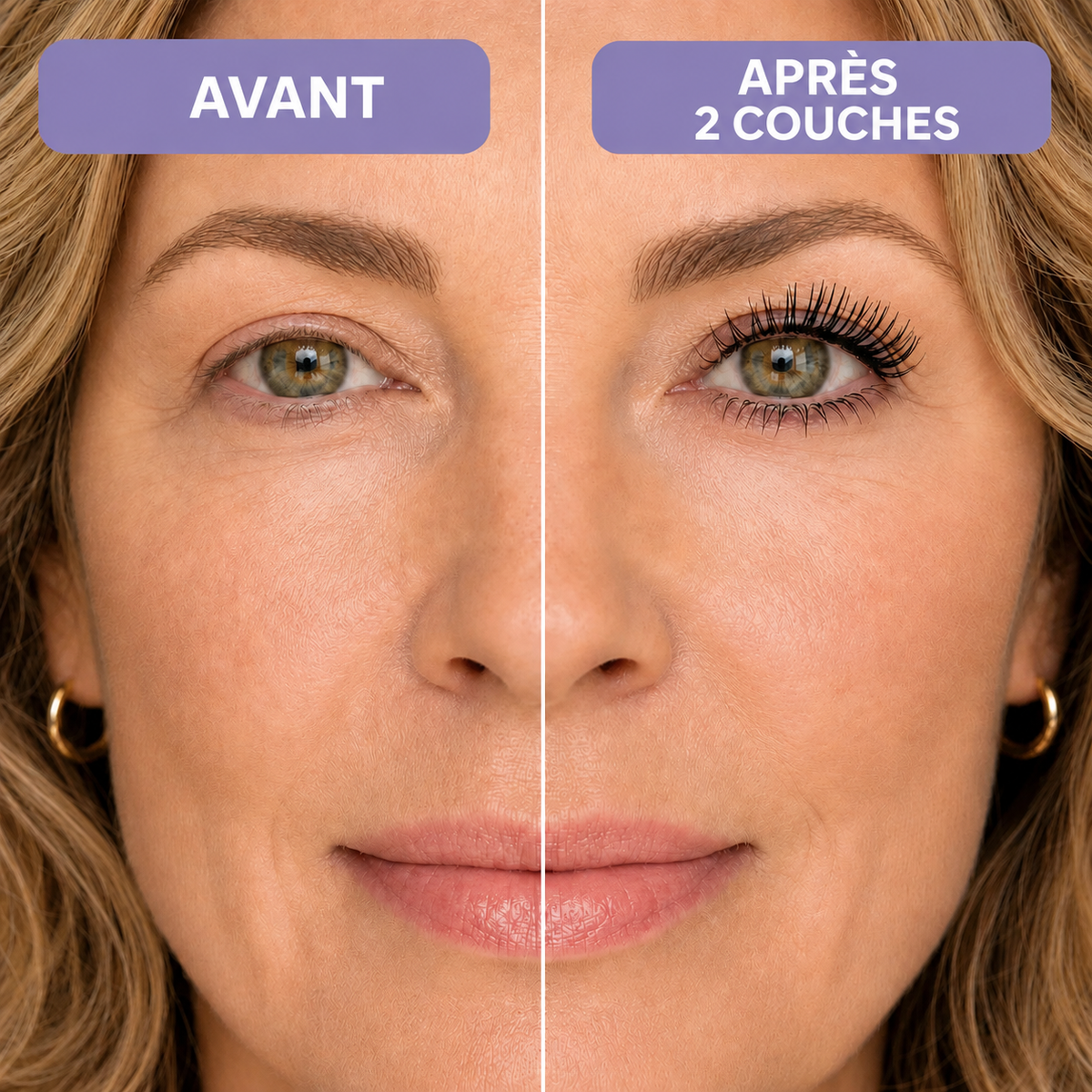 Cils avant et apres 2 couches de Mascara Serum Solina