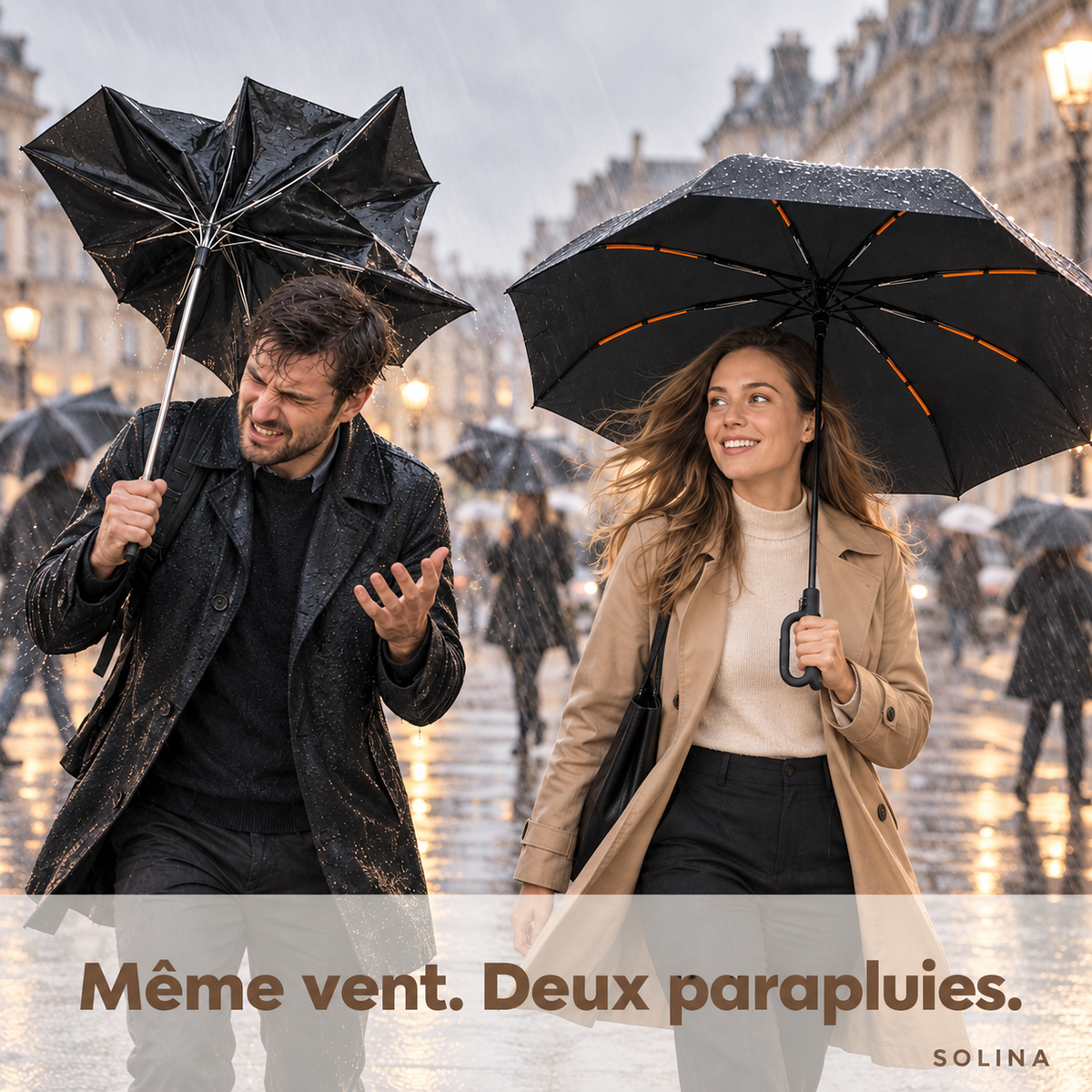 Même vent, deux parapluies : le Solina tient, l'autre se retourne