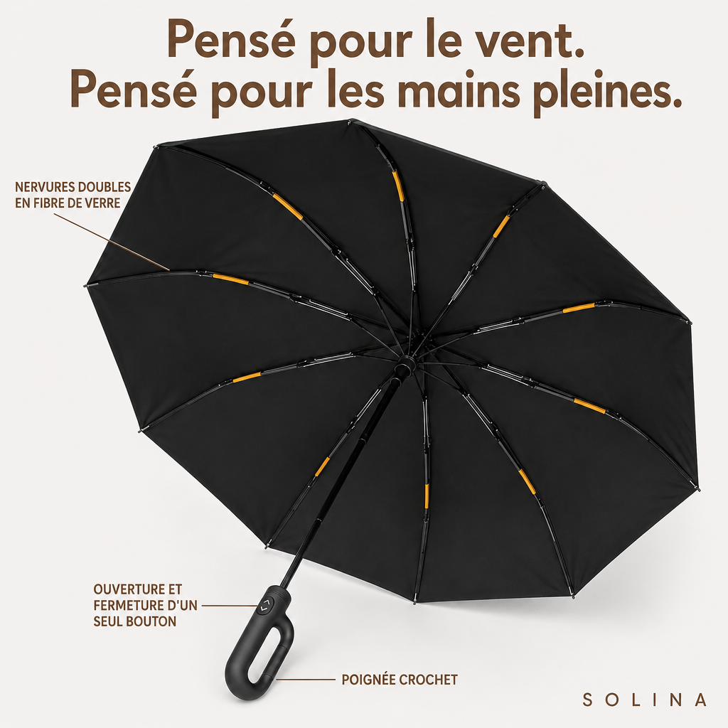 Parapluie Solina : baleines doubles en fibre de verre, un seul bouton, poignée crochet