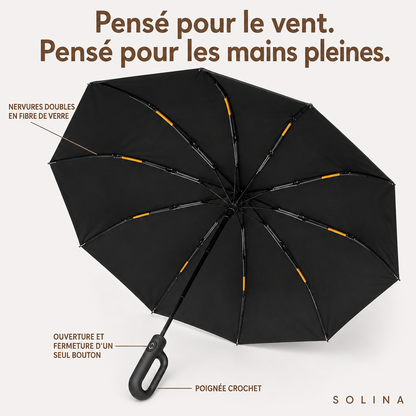 Parapluie Solina : baleines doubles en fibre de verre, un seul bouton, poignée crochet