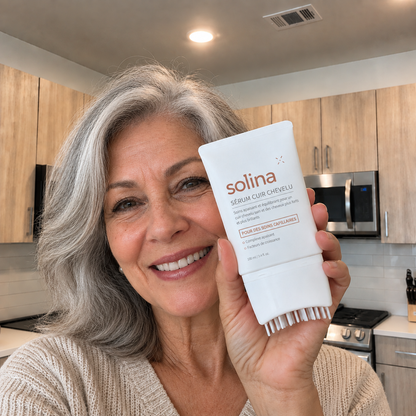Cliente Solina tenant le serum cuir chevelu dans sa cuisine