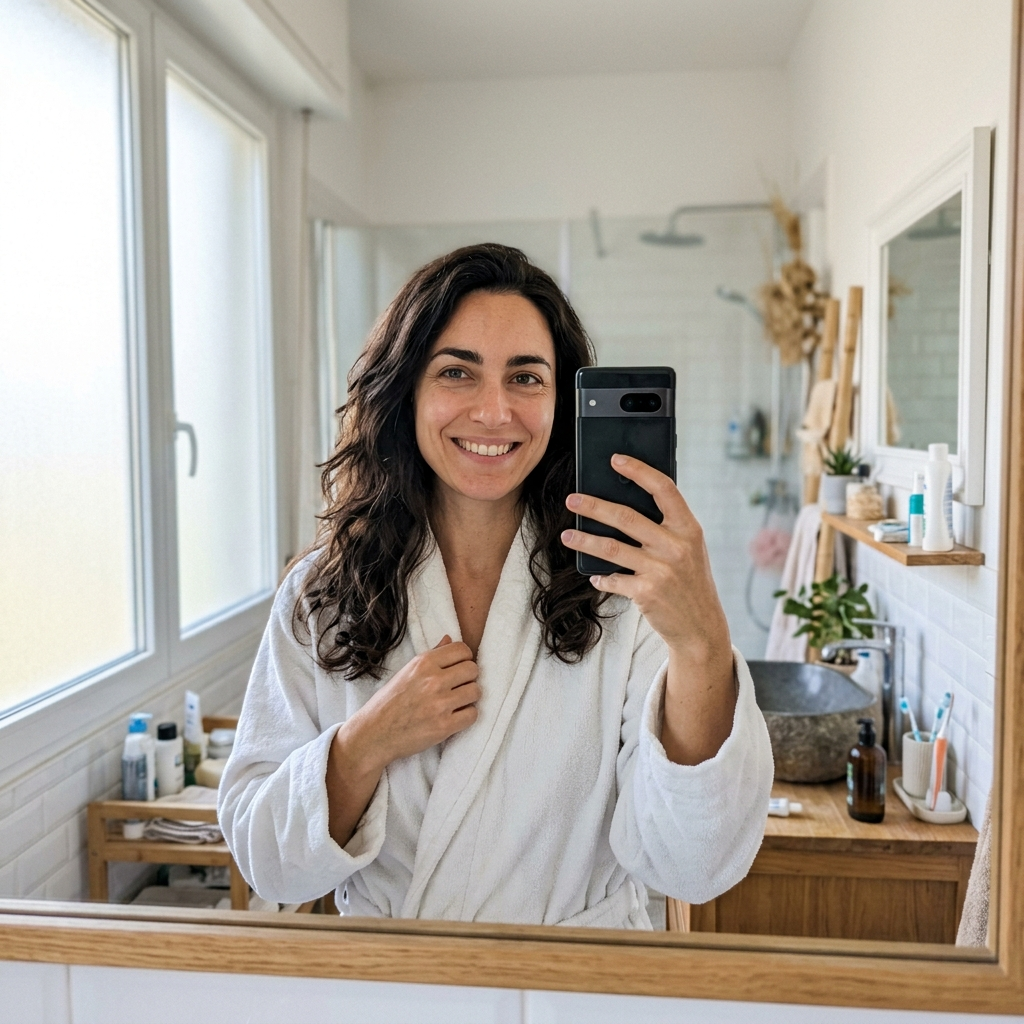 Cliente Solina souriante dans sa salle de bain