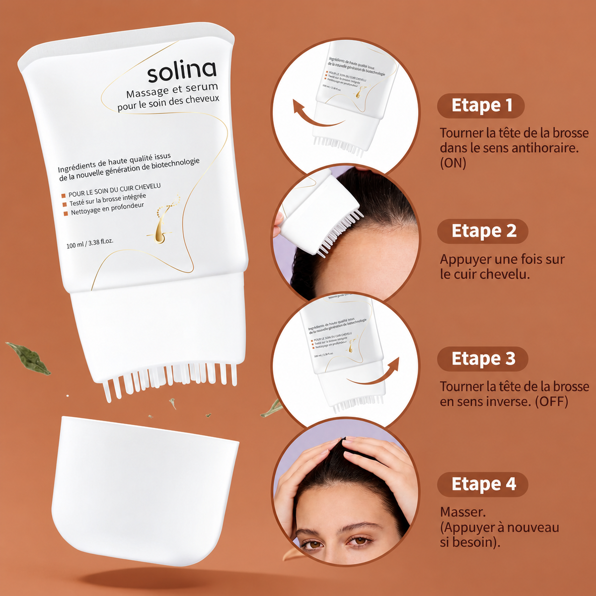 Mode d'emploi du serum cuir chevelu Solina en 4 etapes