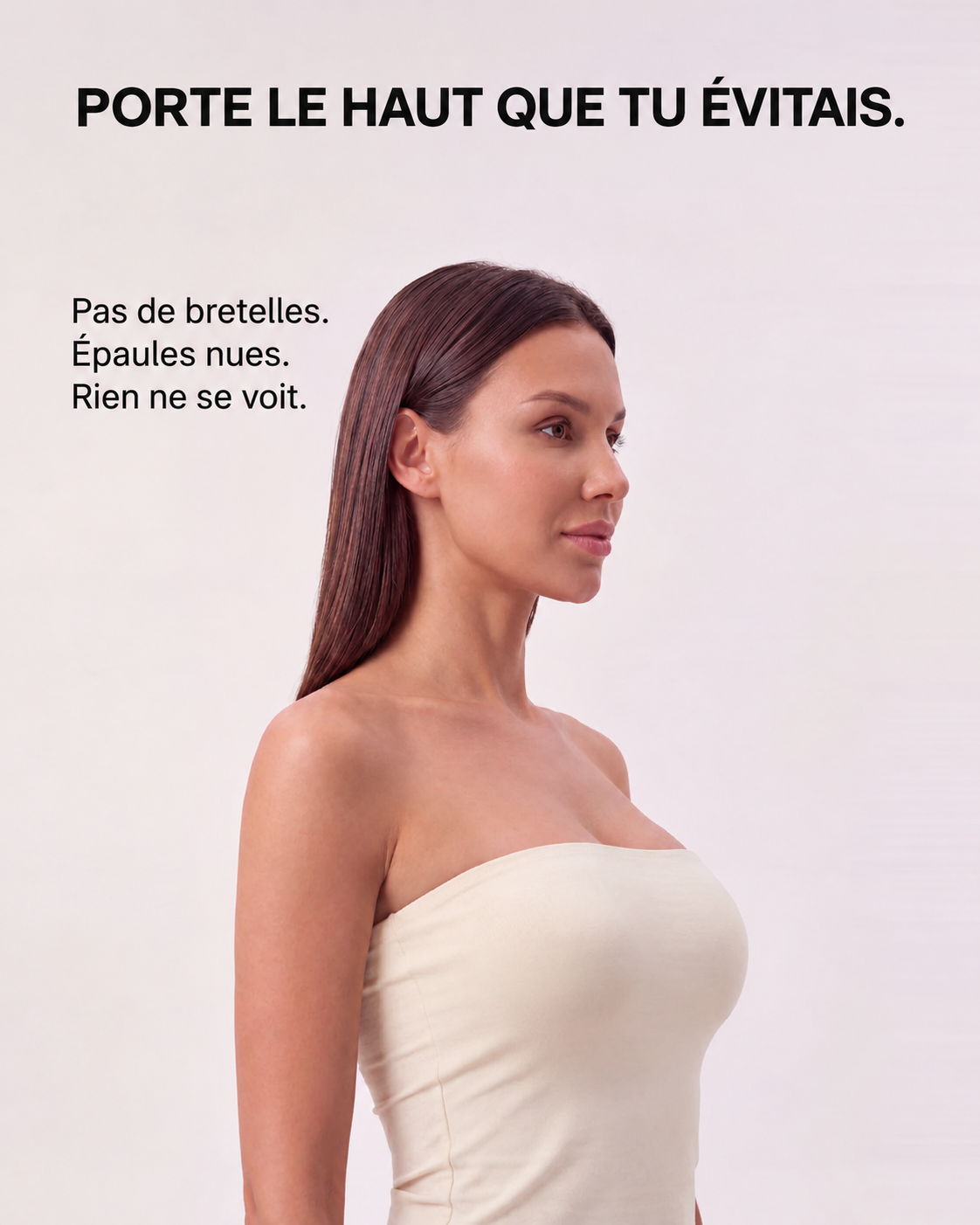 Soutien-gorge strapless Solina sous un top bustier, sans bretelles visibles